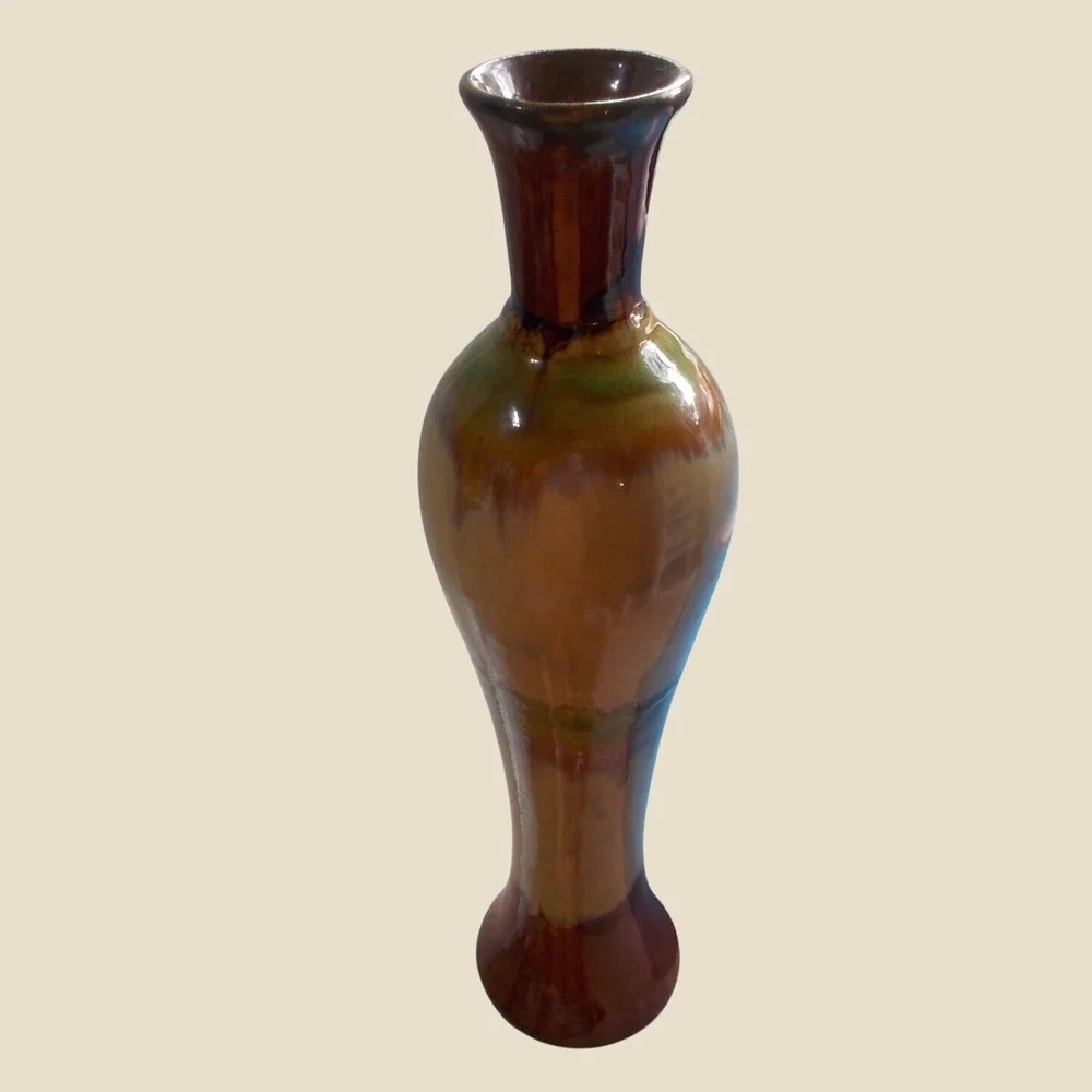 Signed Studio Pottery Tall Drip Glaze Vase Brown Green Earth Tones 18.5 Inch